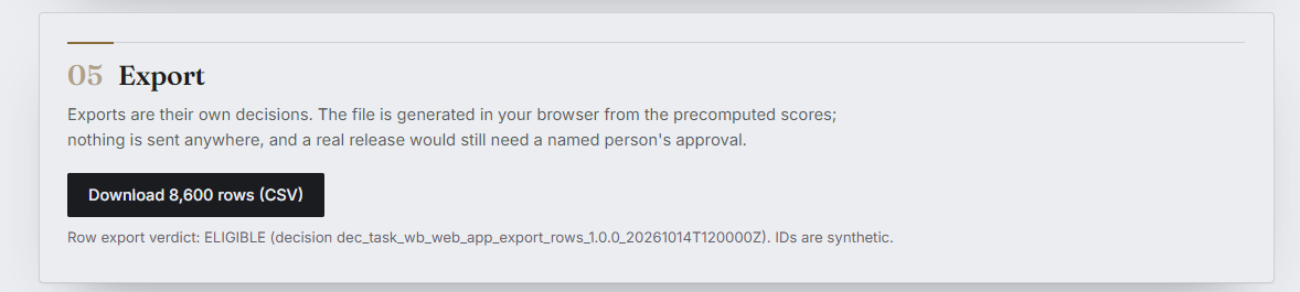 Step 5: a button to download the audience as a CSV file, with the row export verdict ELIGIBLE and its decision identifier.
