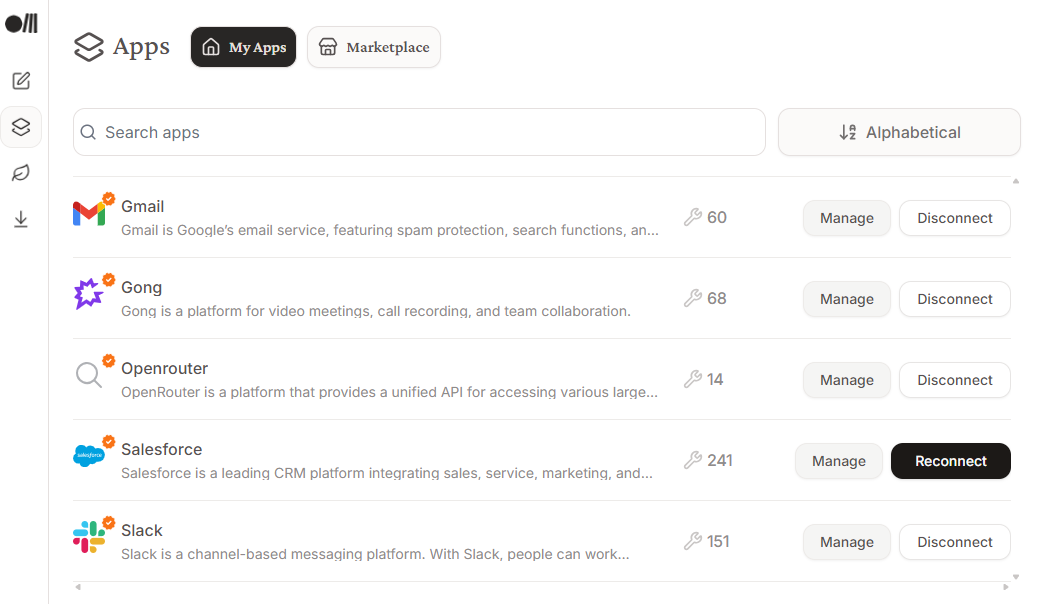 Screenshot of Rube's Apps page, My Apps tab, listing five connected apps: Gmail, Gong, Openrouter, Salesforce and Slack.