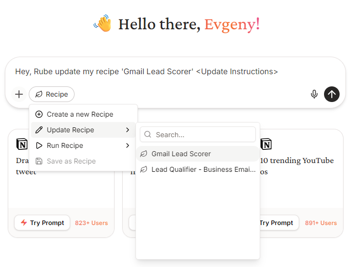 Screenshot of Rube's chat box with the prompt "Hey, Rube update my recipe 'Gmail Lead Scorer' <Update Instructions>" and the Recipe menu open at Update Recipe, listing Gmail Lead Scorer.