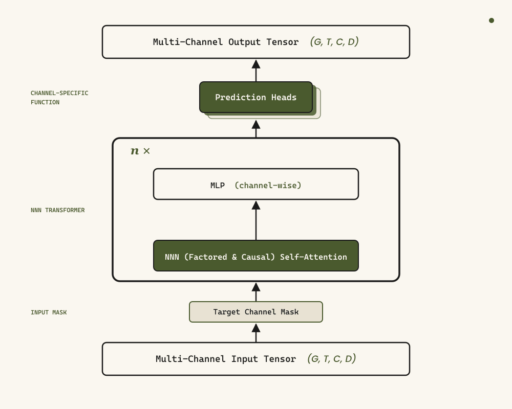 NNN Transformer architecture — multi-channel input tensor passes through a target channel mask, then n× stacked blocks of factored & causal NNN self-attention plus channel-wise MLPs, into channel-specific prediction heads producing the multi-channel output tensor.