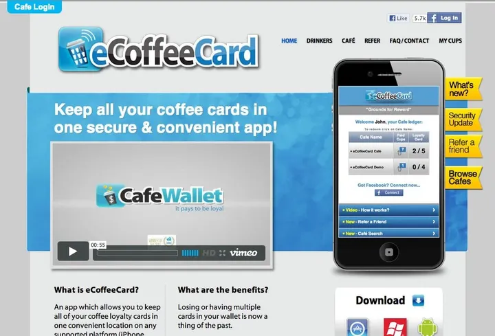 The eCoffeeCard website in 2011: “Keep all your coffee cards in one secure & convenient app”, with the app shown on an iPhone